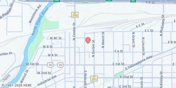 Map showing Casper Community Church at 249 N Wolcott St, Casper, WY