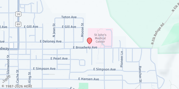 Map showing Teton Free Clinic at 505 E Broadway Ave, Jackson, WY