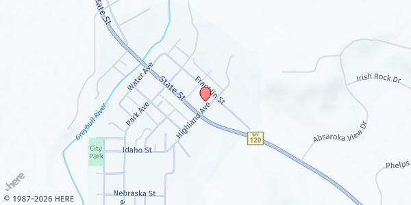 Map showing Meeteetse Community Church at 945 Highland Ave, Meeteetse, WY