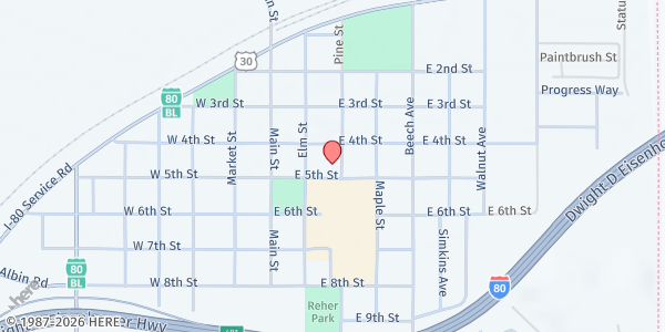Map showing Crossroads Community Church at 418 Pine St, Pine Bluffs, WY