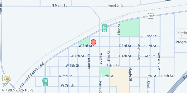 Map showing Pine Bluffs Food Pantry at 607 Elm Street Room 112, Pine Bluffs, WY