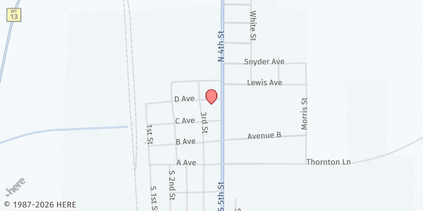 Map showing Laramie Interfaith Rock River Outreach Pantry at Rock River Town Hall, Rock River, WY