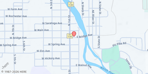Map showing Platte Valley Food Pantry at 112 E. Bridge Ave Suite F, Saratoga, WY