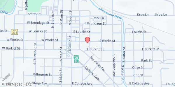 Map showing First Christian Church (Disciples of Christ) at 102 S Connor St, Sheridan, WY