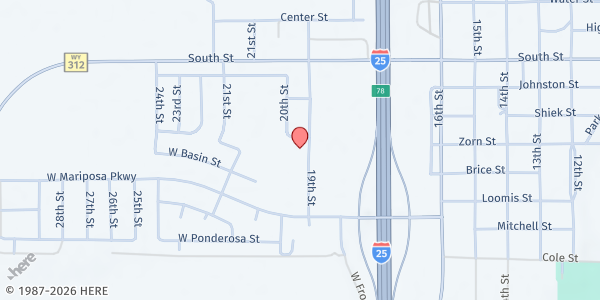 Map showing First Christian Church at 95 19th St, Wheatland, WY